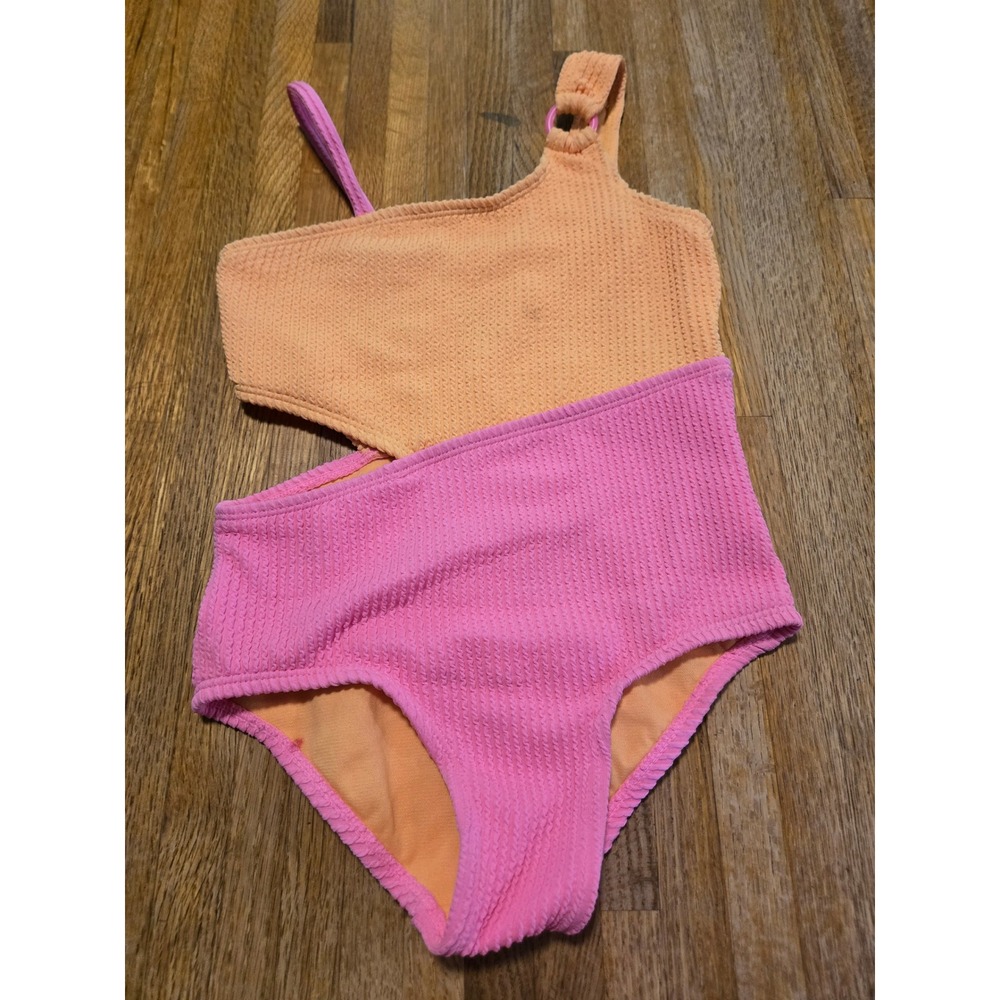 Wonder Nation Girls S 6-6X Orange Pink Colorblock One Shoulder Cutout Swimsuit